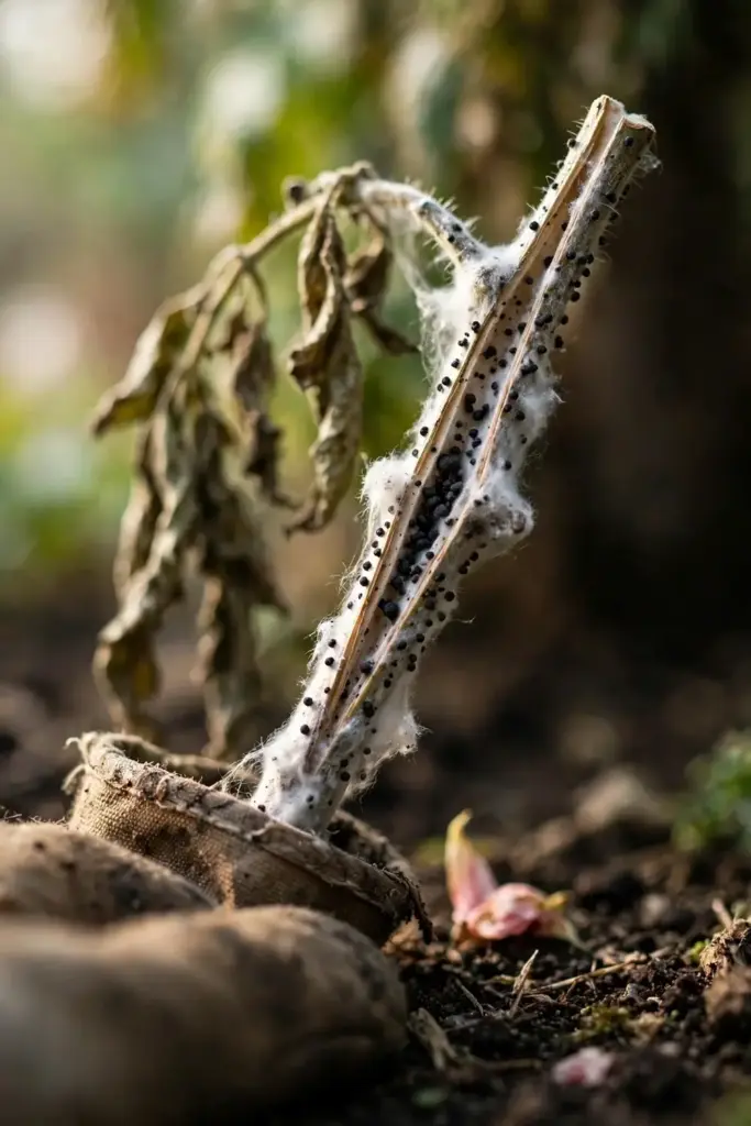Tomato stem with white mold held by a worn garden mitt for inspection.