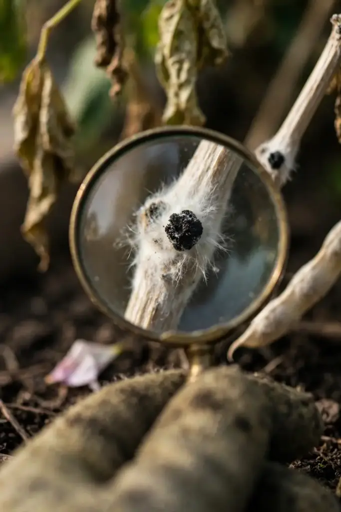 Magnifying glass inspecting a white mold stem for triage.
