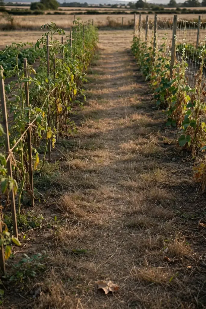 Widely spaced staked vegetable rows with airflow between them.