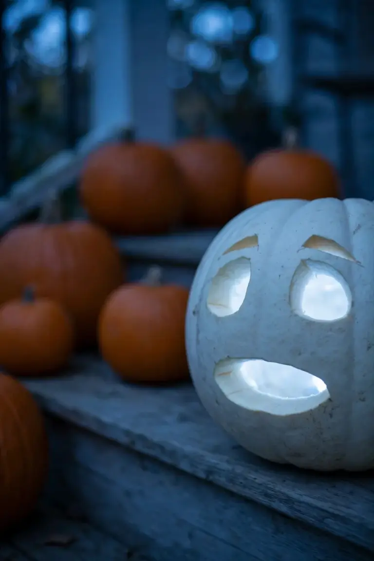 White pumpkin carved with two oval eyes and a long oval mouth, glowing with cool white light among orange pumpkins