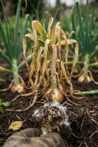 Onion plant yellowing from white rot beside a lifted bulb with white mycelium