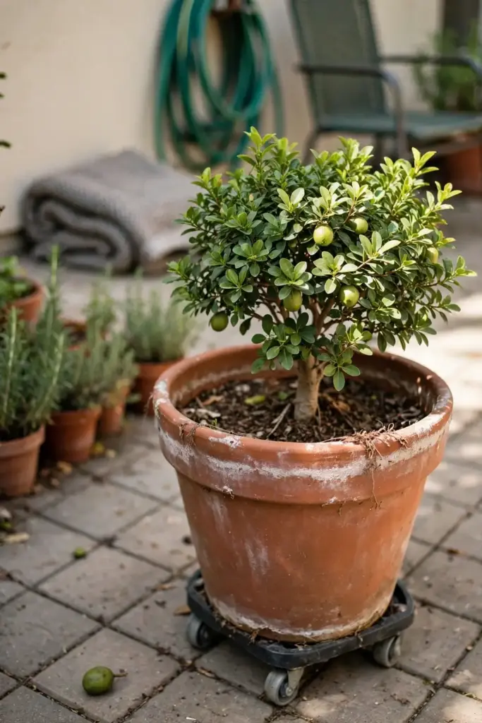 White sapote tree growing in a large pot on a sunny patio