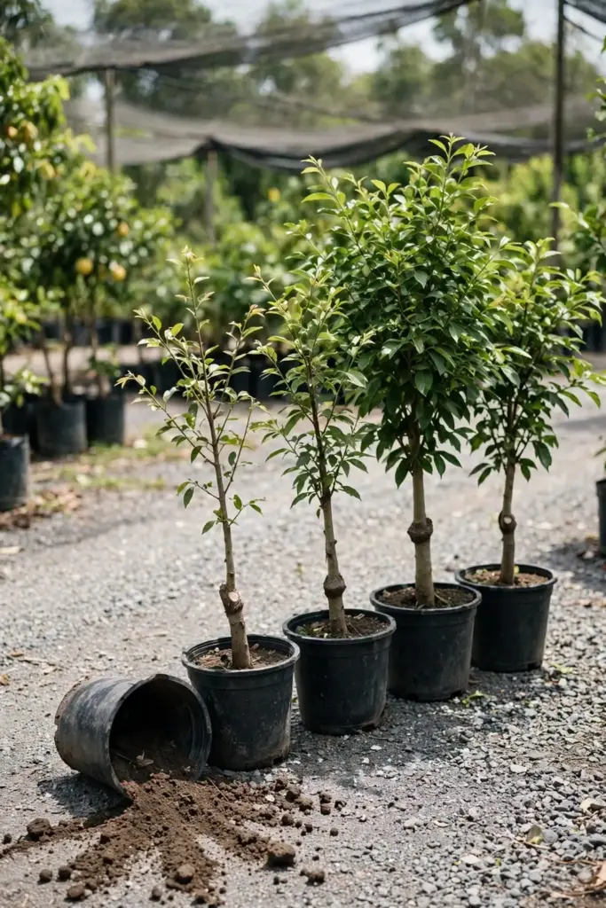 Row of young grafted white sapote trees at a fruit tree nursery
