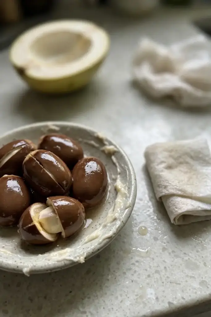 Fresh white sapote seeds scooped from a just-cut ripe fruit