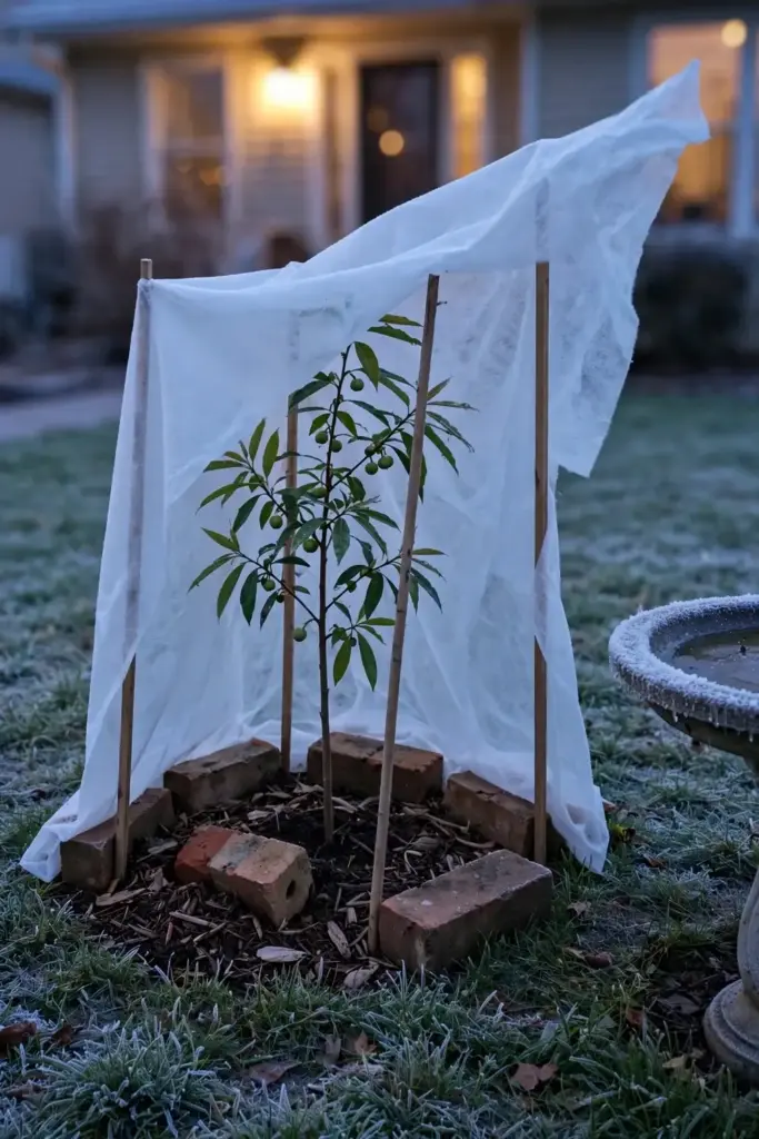 Young white sapote tree tented with frost cloth on stakes