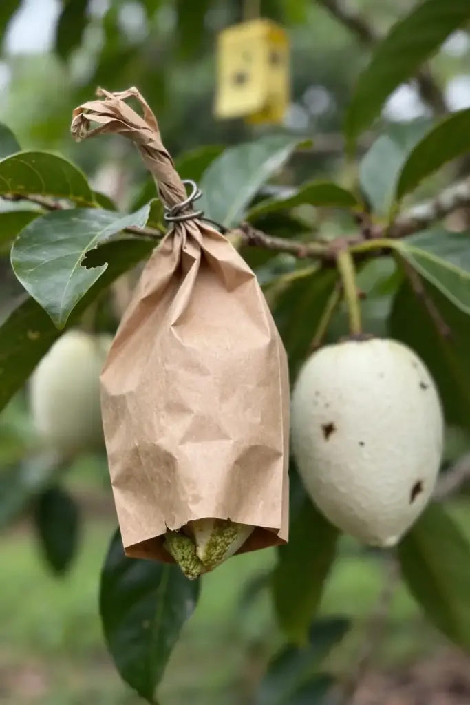 Paper bag protecting a developing white sapote fruit from fruit flies