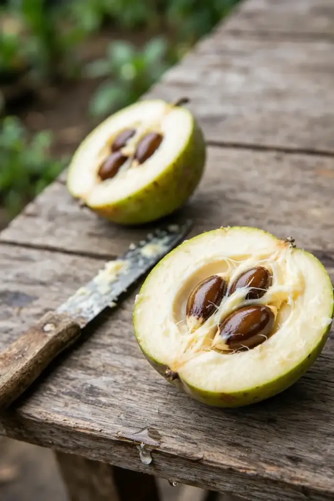 Halved white sapote fruit showing creamy pulp and large brown seeds