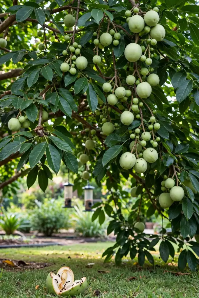 Healthy white sapote tree with developing fruit clusters