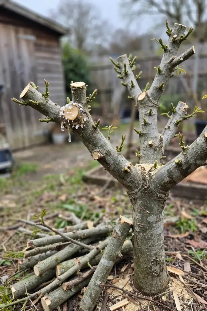 White sapote tree pruned to an open vase shape with fresh cuts