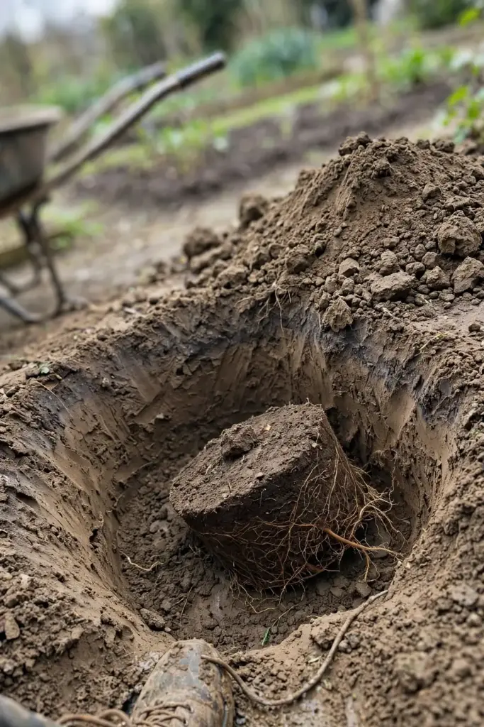 White sapote root ball being set into a wide planting hole