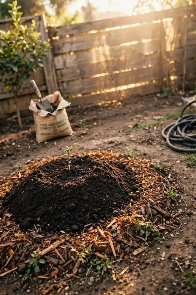 Raised planting mound prepared for a white sapote tree in a backyard