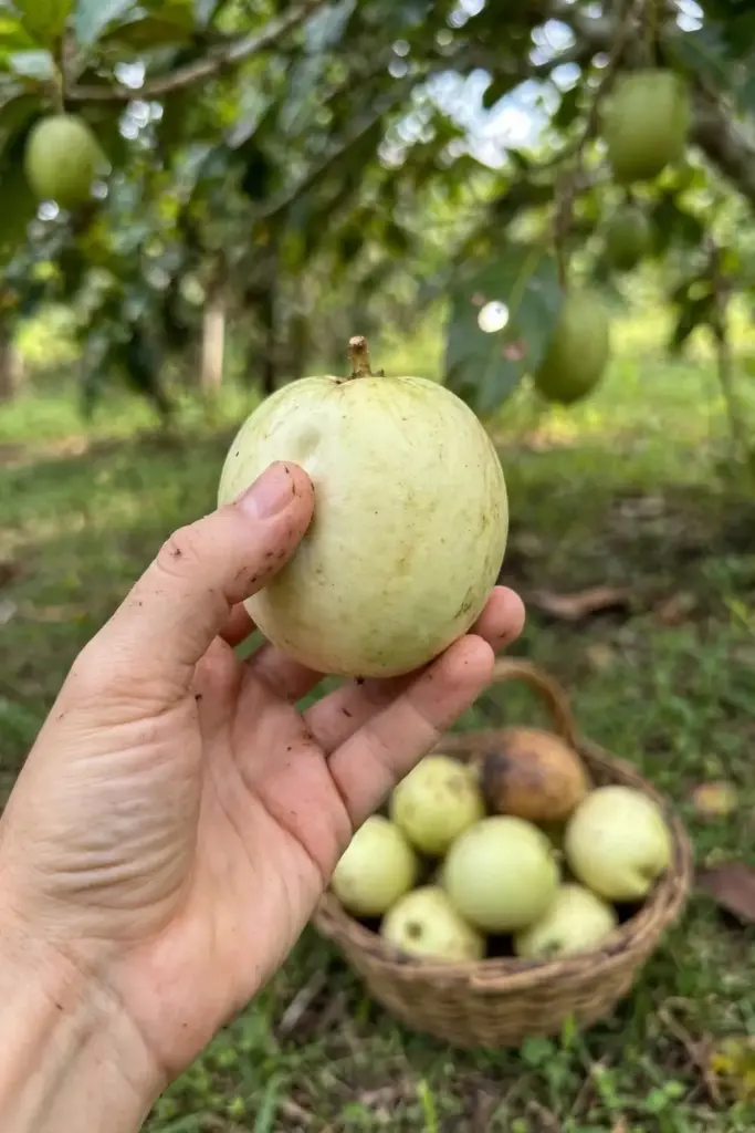 Ripe white sapote fruit held in hand, pale yellow and yielding to pressure
