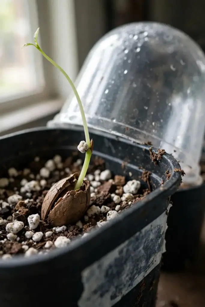 White sapote seedling sprouting from a nursery pot of seed mix