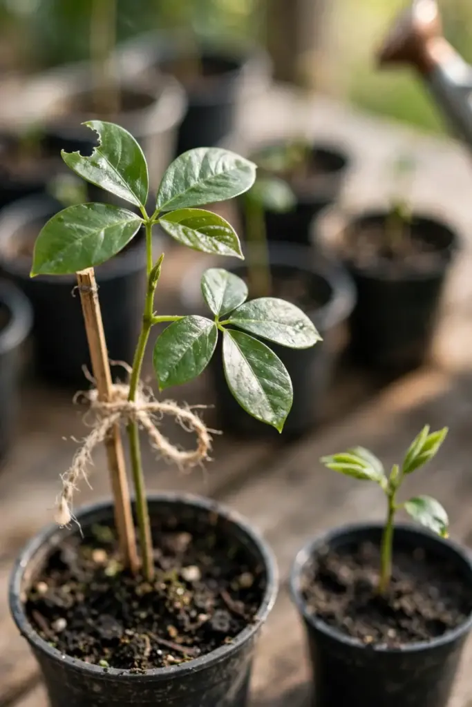 Staked white sapote seedling in a pot with new green leaves