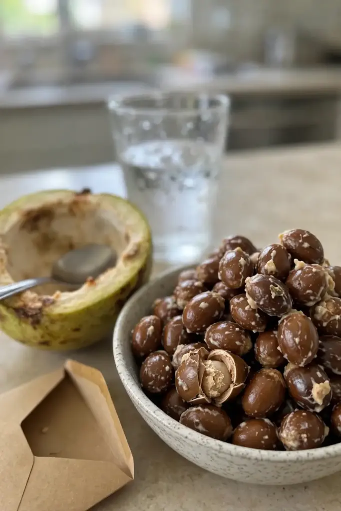 Large white sapote seeds set aside in a discard bowl after eating