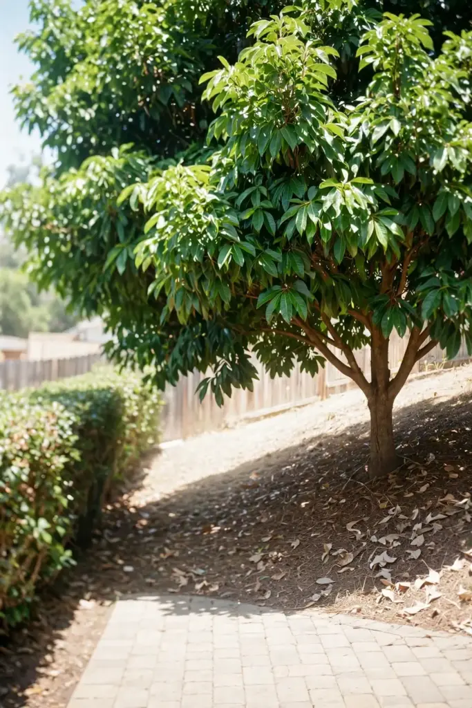 White sapote tree thriving in full sun on a warm suburban slope
