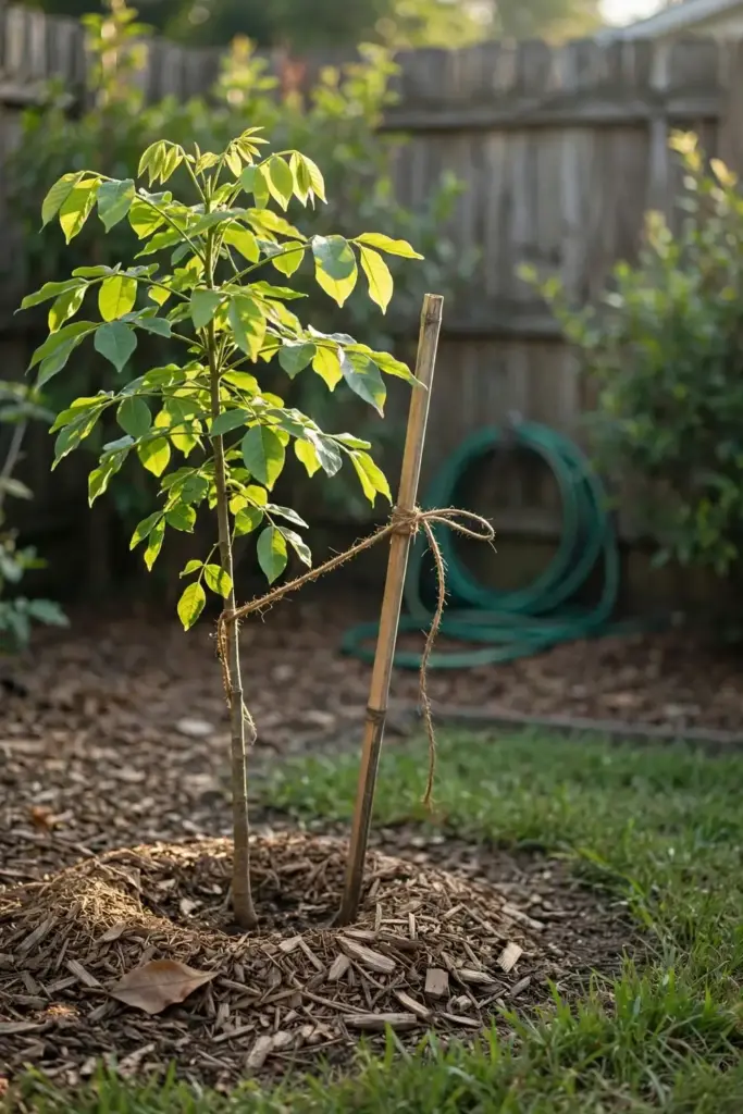Young white sapote tree with tidy mulch ring in a backyard