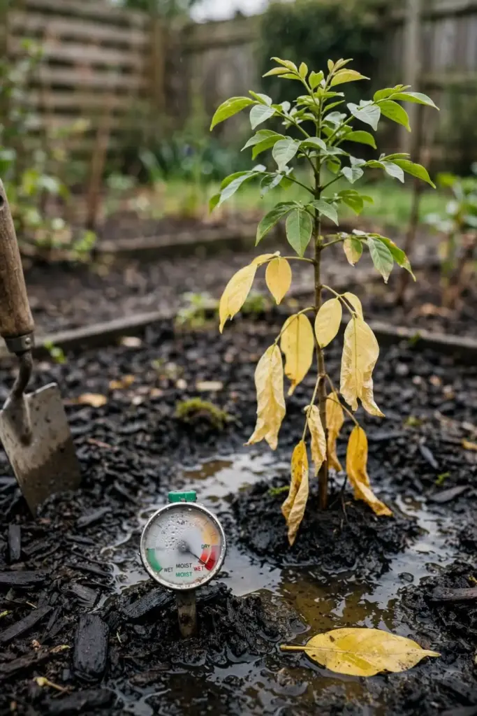 Young white sapote with yellowing leaves being inspected