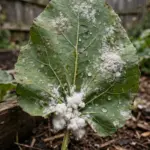 White cottony mealybug clumps and flour-like mildew patches on garden leaves