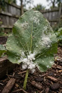 White cottony mealybug clumps and flour-like mildew patches on garden leaves