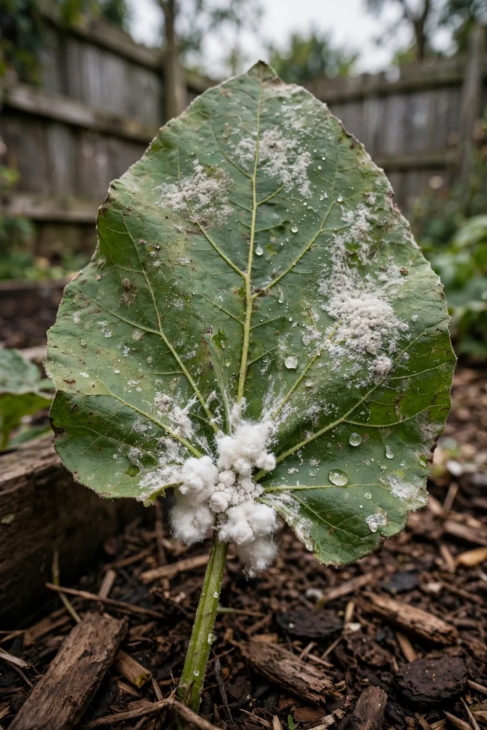 White cottony mealybug clumps and flour-like mildew patches on garden leaves