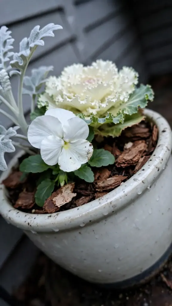 White pansies, white ornamental cabbage, and dusty miller in one pot