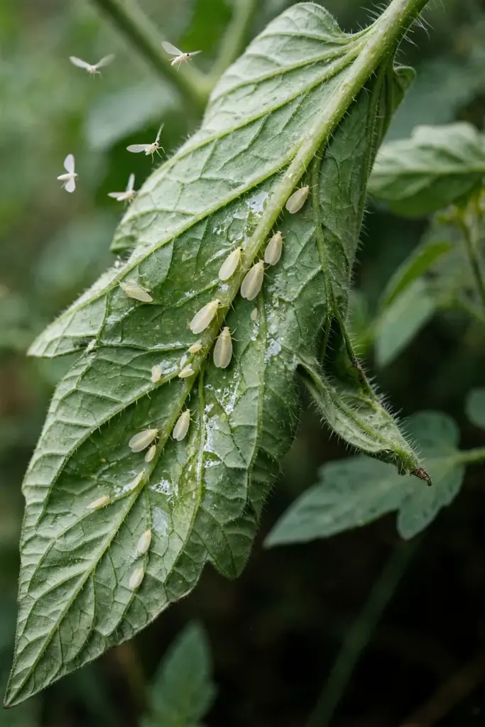 Whitefly adults lifting off a stippled tomato leaf underside