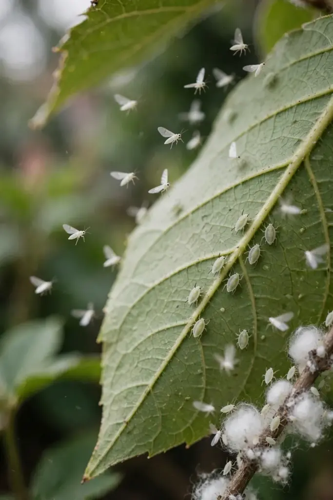 Tiny whiteflies lifting off a leaf underside beside cottony woolly aphid tufts
