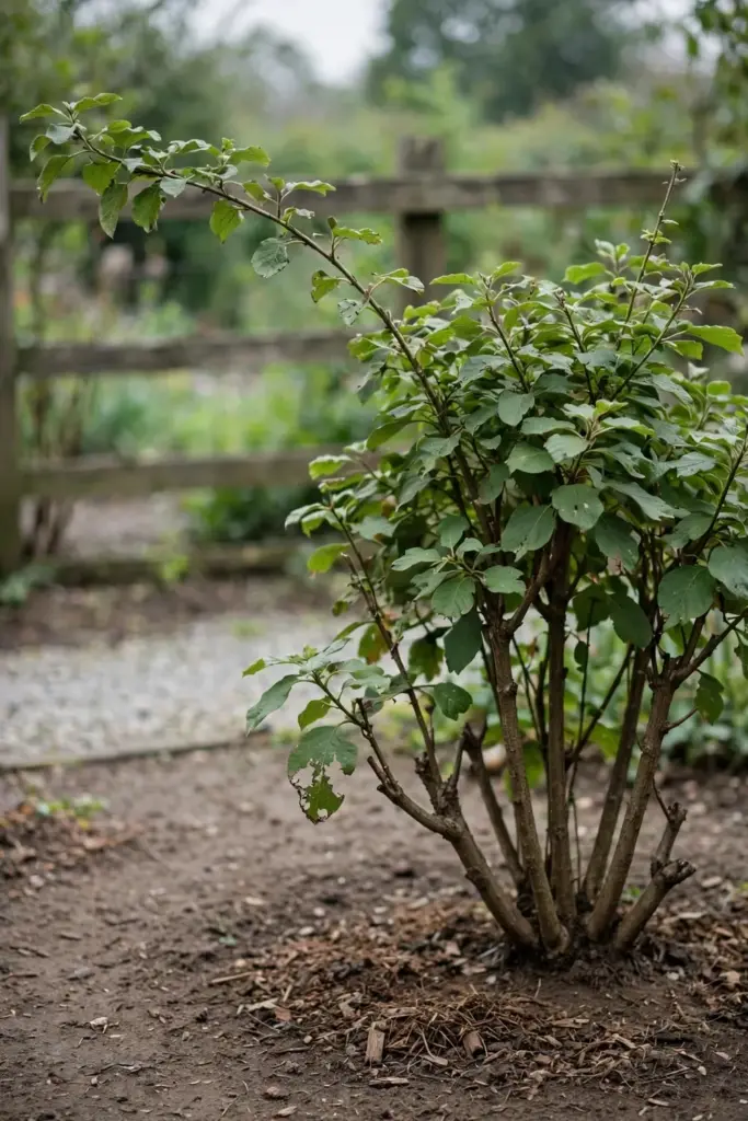 Whole shrub in a garden bed with ground at its base and top growth in view