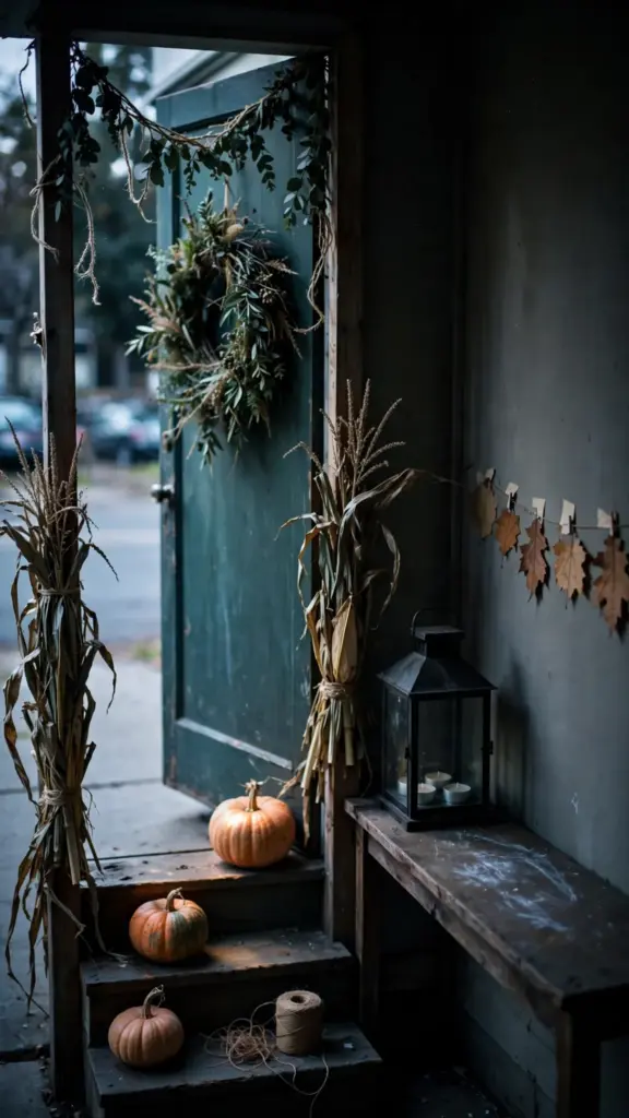 Whole entryway decorated with yard-cut branches and small pumpkins