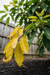 Avocado tree canopy with yellowing leaves on one branch and green new growth beside it