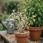 Potted plant with stalled growth standing still beside a healthy plant