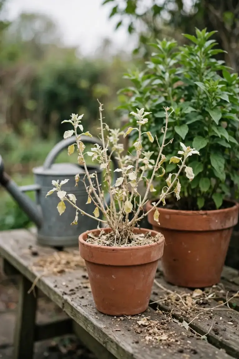 Potted plant with stalled growth standing still beside a healthy plant