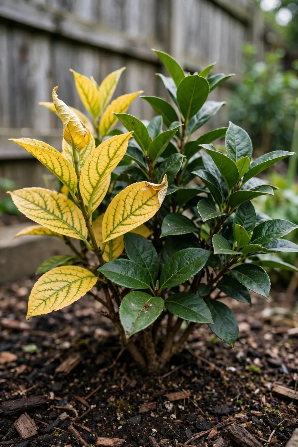 Yellow leaves on a garden plant with green veins beside healthy green leaves