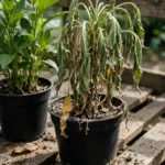 Wilting potted plant beside a healthy plant on a shaded bench