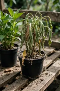 Wilting potted plant beside a healthy plant on a shaded bench