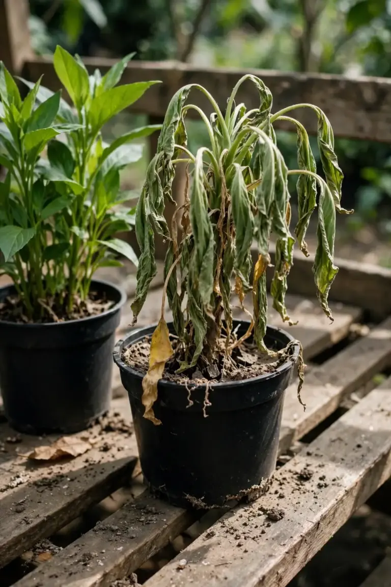 Wilting potted plant beside a healthy plant on a shaded bench