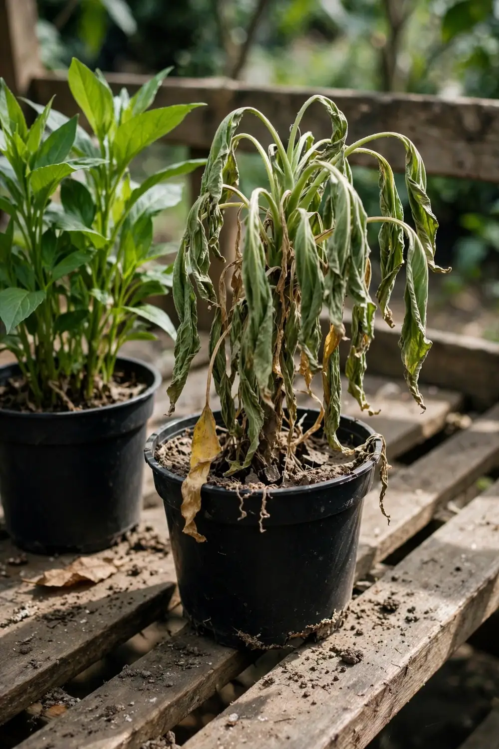 Wilting potted plant beside a healthy plant on a shaded bench
