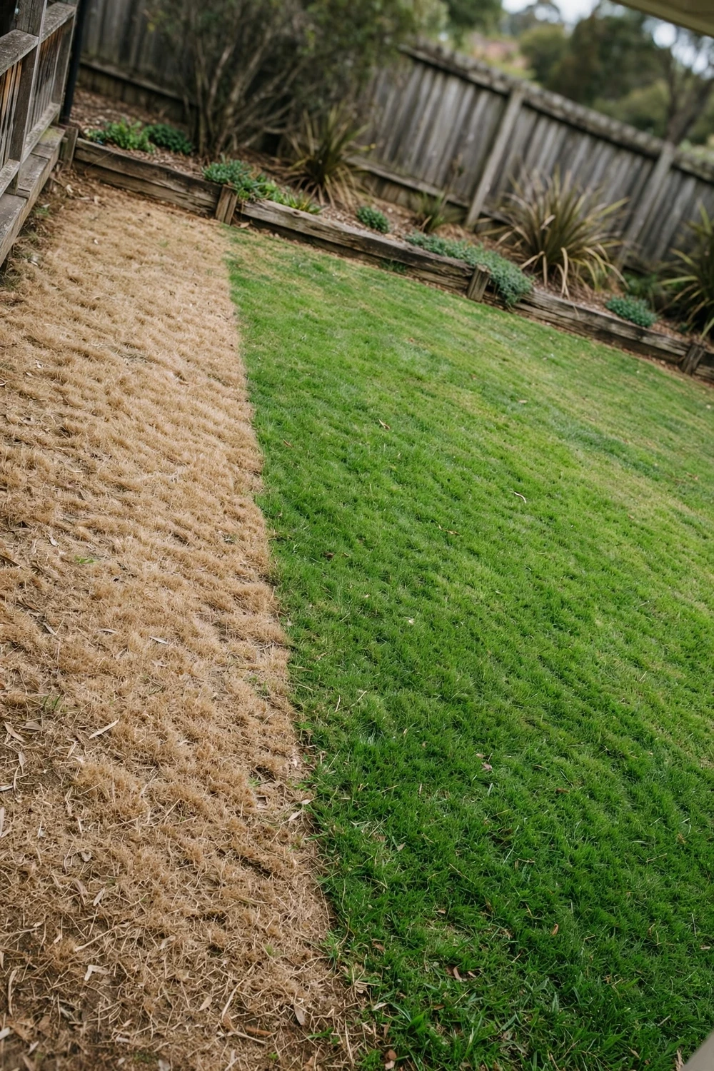 Australian lawn with a straw-brown dormant patch beside green growing turf