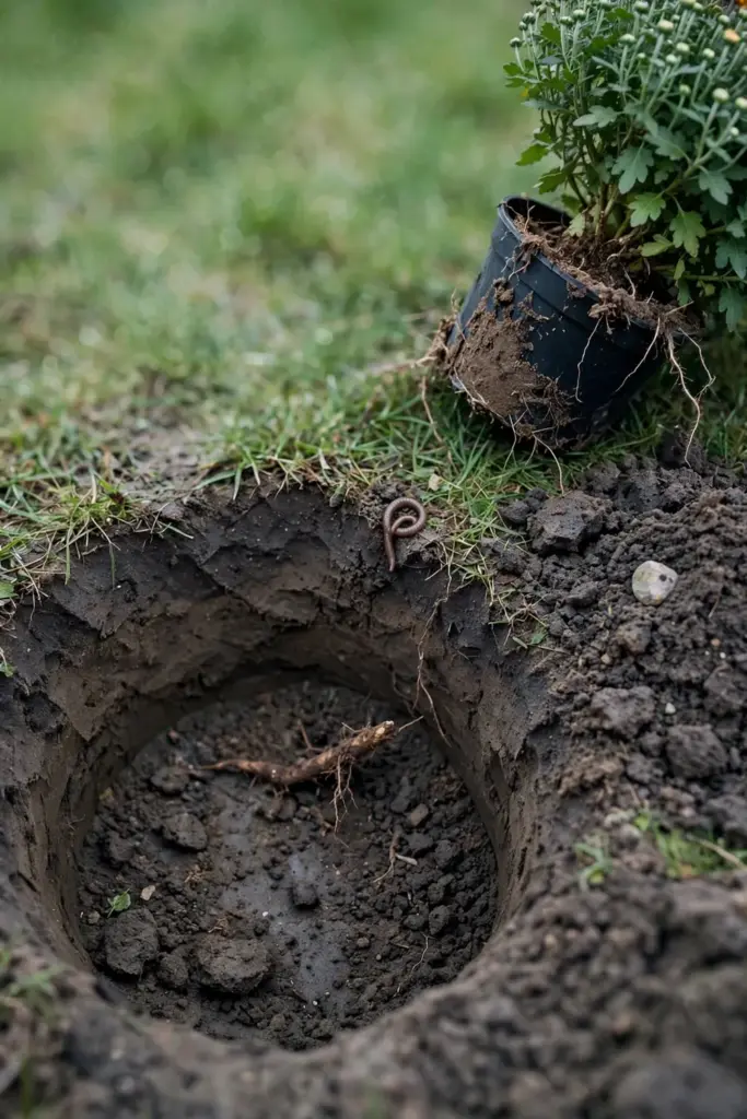 Wide shallow planting hole in dark soil with a mum root ball beside it