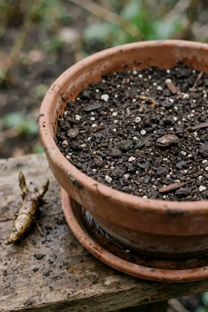 Wide terracotta pot filled with dark free-draining potting mix