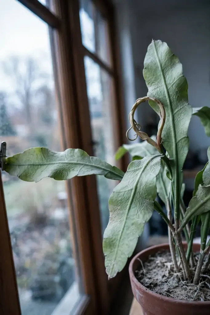 Night-blooming cereus resting in a cool bright room with dry soil