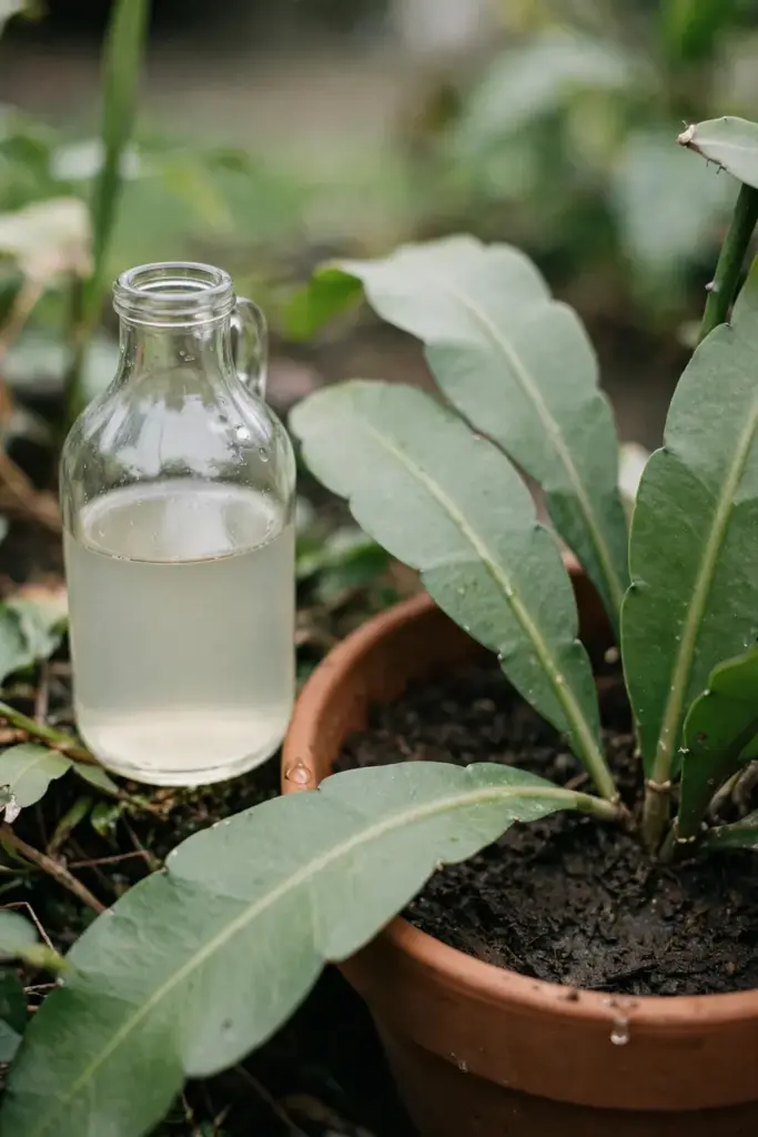 Small glass jug of diluted liquid feed beside a night-blooming cereus pot