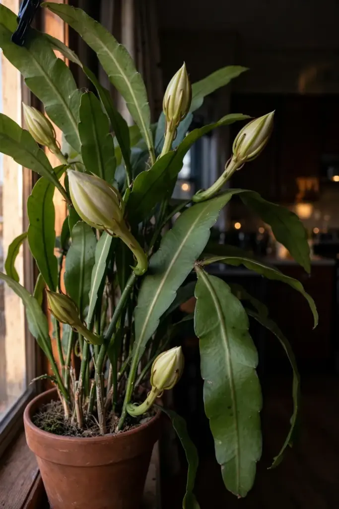 Mature potted night-blooming cereus carrying several buds