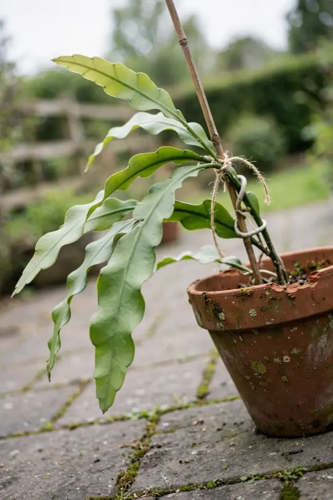 Night-blooming cereus in a snug terracotta pot with a bamboo cane support
