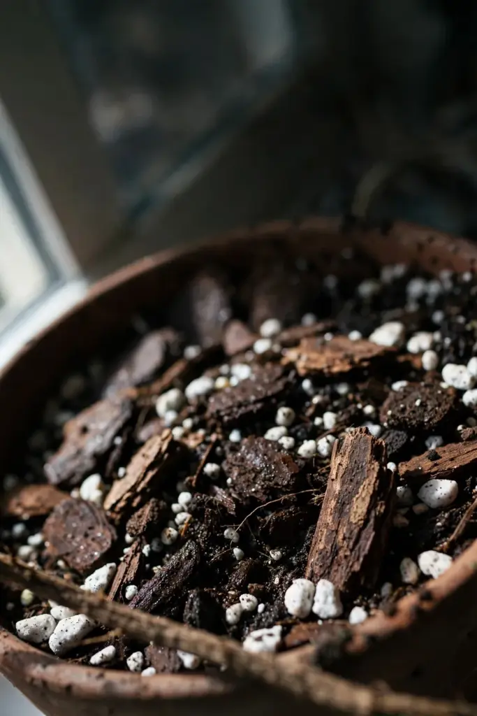 Loose jungle-cactus mix with bark chunks and perlite flecks in a pot