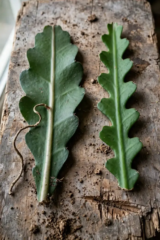 Flat night-blooming cereus stem beside zigzag fishbone cactus stem on a board