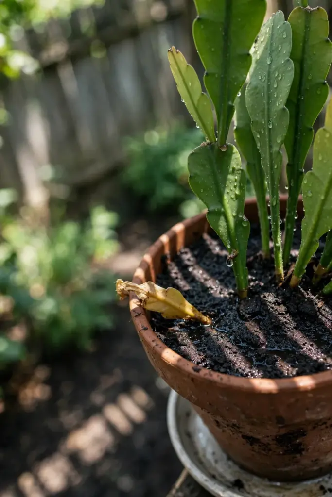 Night-blooming cereus pot with evenly moist dark soil after watering