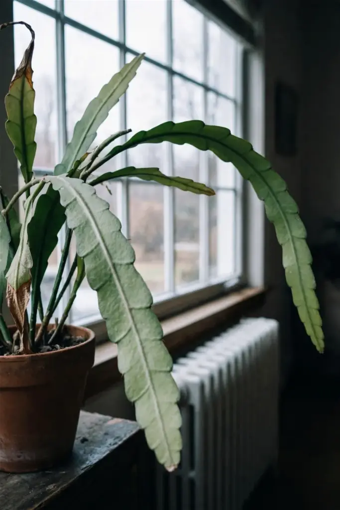 Potted night-blooming cereus before a tall bright window in winter