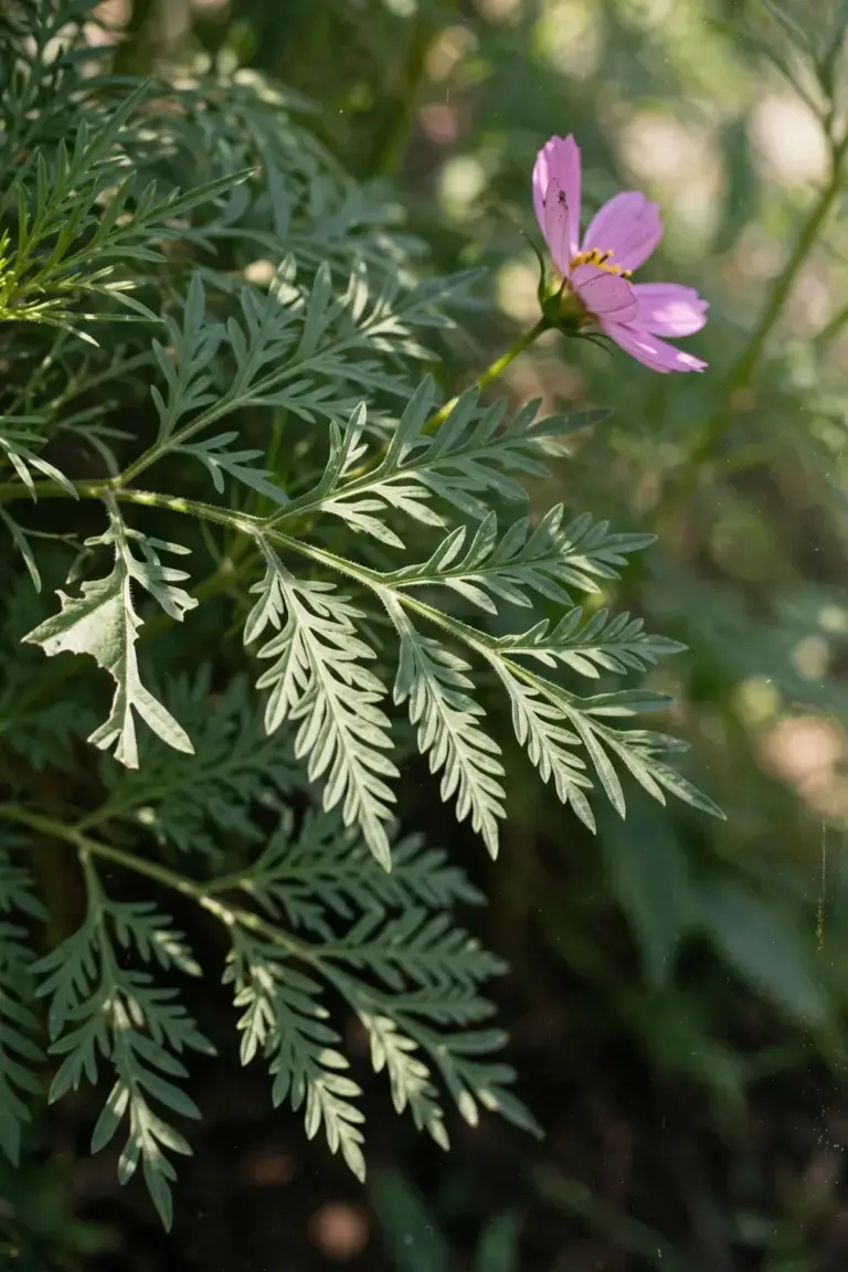 Wild cosmos leaves and small pink flower, the edible look-alike